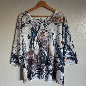 Et' Lois Deep Blue Drizzle Cityscape Print Knit Top Womens XL Artsy Art to Wear